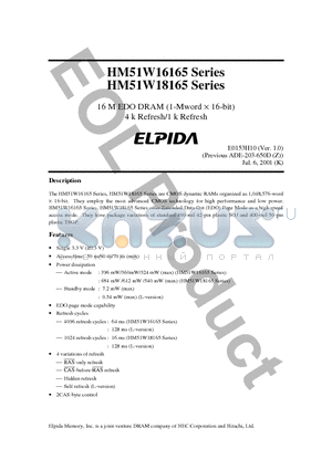 HM51W16165TT-7 datasheet - 16 M EDO DRAM (1-Mword x 16-bit) 4 k Refresh/1 k Refresh