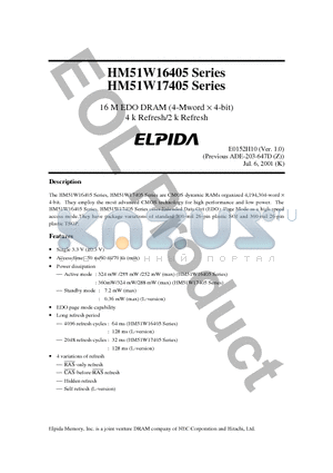 HM51W16405S-6 datasheet - 16 M EDO DRAM (4-Mword d 4-bit) 4 k Refresh/2 k Refresh