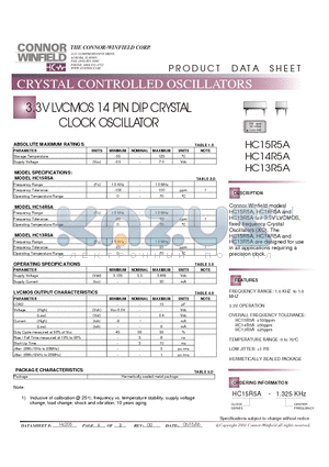 HC13R5A datasheet - 3.3V LVCMOS 14 PIN DIP CRYSTAL CLOCK OSCILLATOR