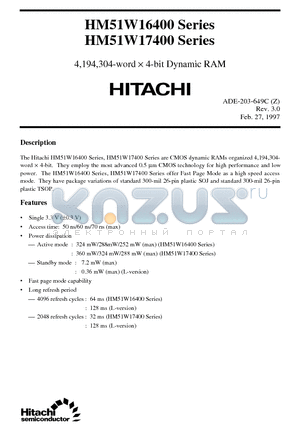 HM51W17400LS-5 datasheet - 4,194,304-word x 4-bit Dynamic RAM