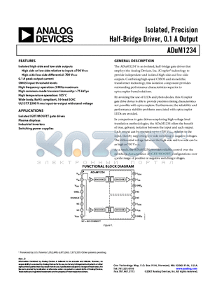 ADUM1234BRWZ-RL1 datasheet - Isolated, Precision Half-Bridge Driver, 0.1 A Output