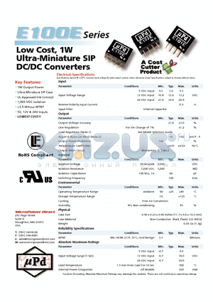 E121E datasheet - Low Cost, 1W Ultra-Miniature SIP DC/DC Converters