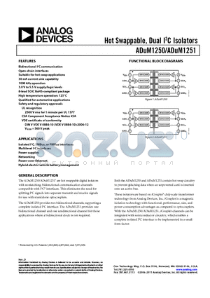 ADUM1250 datasheet - Hot Swappable, Dual I2C Isolators