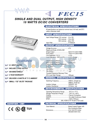 FEC15-12D15 datasheet - SIINGLE AND DUAL OUTPUT,, HIIGH DENSIITY 15 WATTS DC//DC CONVERTERS