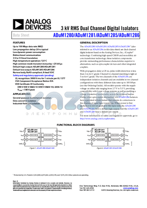 ADUM1280 datasheet - 3 kV RMS Dual Channel Digital Isolators