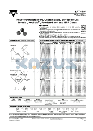 LPT4545ER101LP datasheet - Inductors/Transformers, Customizable, Surface Mount Torodial, Kool Mu^*, Powdered Iron and MPP Cores