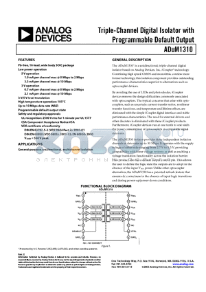 ADUM1310BRWZ-RL datasheet - Triple-Channel Digital Isolator with Programmable Default Output