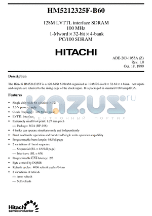 HM5212325F-B60 datasheet - 128M LVTTL interface SDRAM 100 MHz 1-Mword x 32-bit x 4-bank PC/100 SDRAM