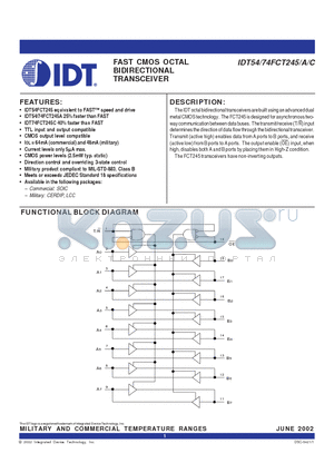 IDT54FCT245CSOB datasheet - FAST CMOS OCTAL BIDIRECTIONAL TRANSCEIVERS