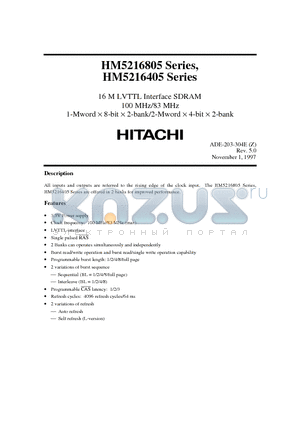 HM5216405 datasheet - 16 M LVTTL Interface SDRAM 100 MHz/83 MHz 1-Mword d 8-bit d 2-bank/2-Mword d 4-bit d 2-bank