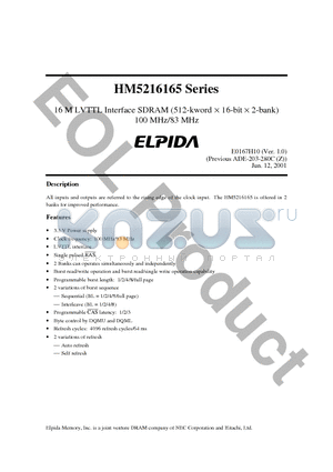 HM5216165 datasheet - 16M LVTTL INTERFACE SDRAM (512-kword x 16-bit x 2-bank)