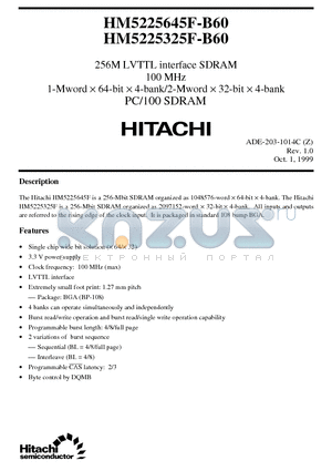 HM5225645F datasheet - 256M LVTTL interface SDRAM 100 MHz 1-Mword x 64-bit x 4-bank/2-Mword x 32-bit x 4-bank PC/100 SDRAM