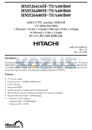 HM5264165FLTT-B60 datasheet - 64M LVTTL interface SDRAM 133 MHz/100 MHz