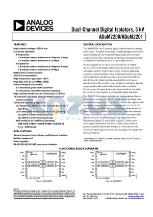 ADUM2201BRWZ datasheet - Dual-Channel Digital Isolators, 5 kV