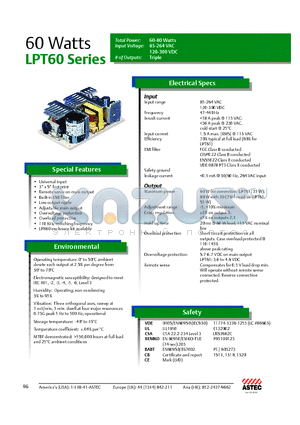 LPT66 datasheet - Universal input, Remote sense on main output, Low output ripple, Overvoltage protection