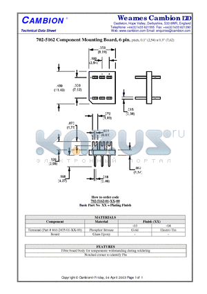 702-5162 datasheet - Component Mounting Board, 6 pin