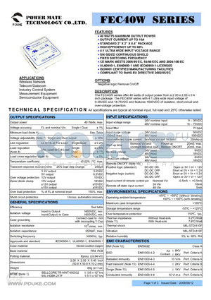 FEC40-24D15W datasheet - 40 WATTS MAXIMUM OUTPUT POWER