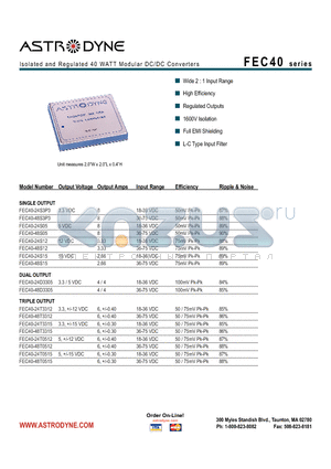 FEC40-24D3305 datasheet - Isolated and Regulated 40 WATT Modular DC/DC Converters