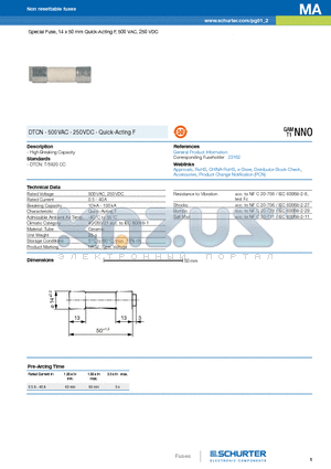 7020.8540 datasheet - Special Fuse, 14 x 50 mm Quick-Acting F, 500 VAC, 250 VDC