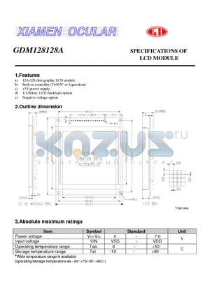 GDM128128A datasheet - SPECIFICATIONS OF LCD MODULE