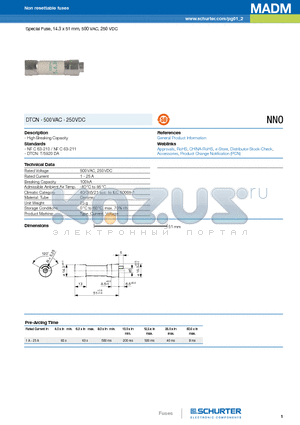 7020.9120 datasheet - Special Fuse, 14.3 x 51 mm, 500 VAC, 250 VDC