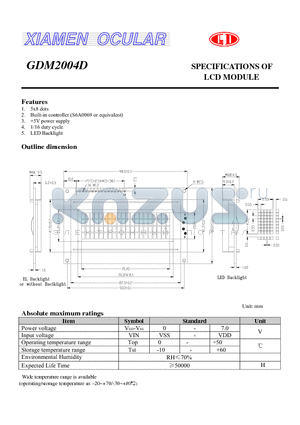 GDM2004D datasheet - SPECIFICATIONS OF LCD MODULE