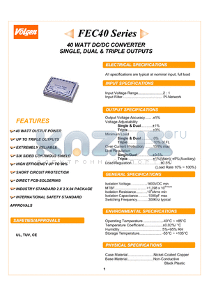 FEC40-24T0512 datasheet - 40 WATT DC/DC CONVERTER SINGLE, DUAL & TRIPLE OUTPUTS