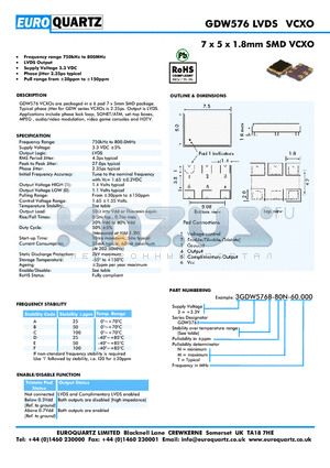 GDW576 datasheet - 7 x 5 x 1.8mm SMD VCXO