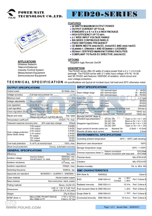 FED20-12S15 datasheet - 20 WATTS MAXIMUM OUTPUT POWER