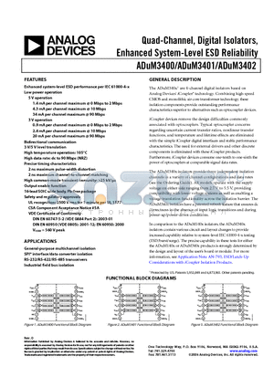 ADUM3401BRWZ datasheet - Quad-Channel, Digital Isolators, Enhanced System-Level ESD Reliability