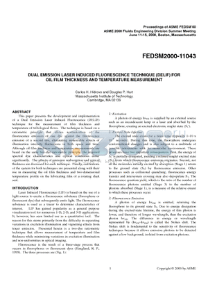 FEDSM2000-11043 datasheet - DUAL EMISSION LASER INDUCED FLUORESCENCE TECHNIQUE (DELIF) FOR OIL FILM THICKNESS AND TEMPERATURE MEASUREMENT