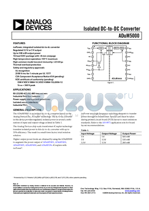 ADUM5000 datasheet - Isolated DC-to-DC Converter