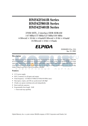 HM5425161BTT-75B datasheet - 256M SSTL_2 interface DDR SDRAM 143 MHz/133 MHz/125 MHz/100 MHz 4-Mword  16-bit  4-bank/8-Mword  8-bit  4-bank/ 16-Mword  4-bit  4-bank