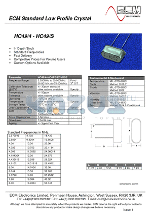 HC49/S datasheet - ECM Standard Low Profile Crystal