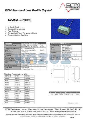 HC49/S datasheet - Standard Low Profile Crystal