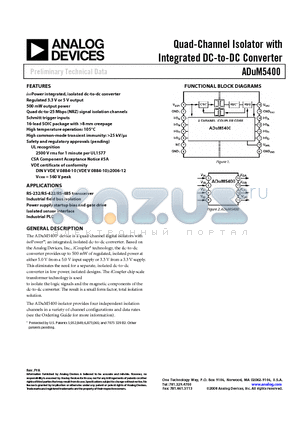 ADUM5400CRWZ1 datasheet - Quad-Channel Isolator with Integrated DC-to-DC Converter