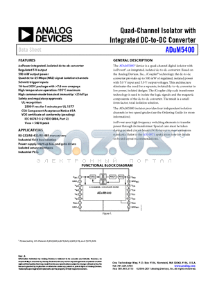 ADUM5400ARWZ datasheet - Quad-Channel Isolator with Integrated DC-to-DC Converter