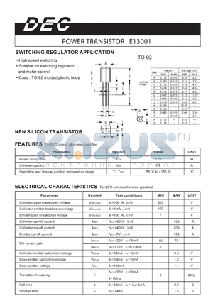 E13001TO-92 datasheet - POWER TRANSISTOR