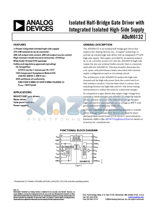 ADUM6132ARWZ-RL datasheet - Isolated Half-Bridge Gate Driver with Integrated Isolated High-Side Supply