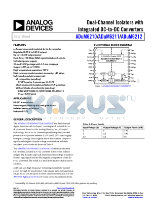 ADUM6210 datasheet - Dual-Channel Isolators with Integrated DC-to-DC Converters