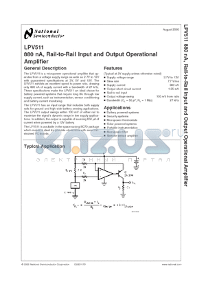 LPV511 datasheet - 880 nA, Rail-to-Rail Input and Output Operational Amplifier