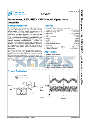 LPV521 datasheet - Nanopower, 1.8V, RRIO, CMOS Input, Operational Amplifier