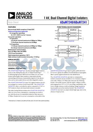 ADUM7240CRZ-RL7 datasheet - 1 kV, Dual Channel Digital Isolators