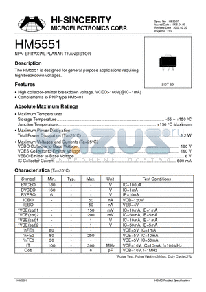 HM5551 datasheet - NPN EPITAXIAL PLANAR TRANSISTOR