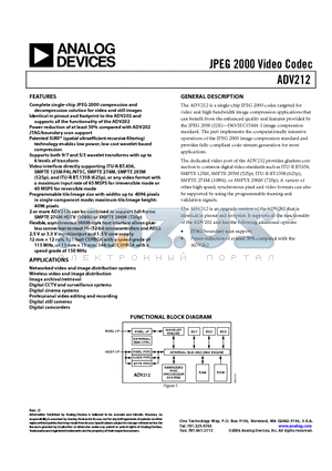 ADV212BBCZ-115 datasheet - JPEG 2000 Video Codec