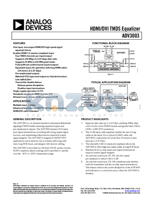 ADV3003 datasheet - HDMI/DVI TMDS Equalizer