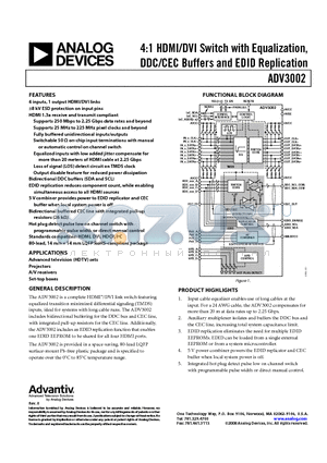 ADV3002 datasheet - 4:1 HDMI/DVI Switch with Equalization, DDC/CEC Buffers and EDID Replication