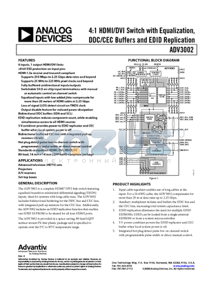 ADV3002BSTZ-RL datasheet - 4:1 HDMI/DVI Switch with Equalization, DDC/CEC Buffers and EDID Replication