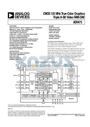 ADV473KP110 datasheet - CMOS 135 MHz True-Color Graphics Triple 8-Bit Video RAM-DAC