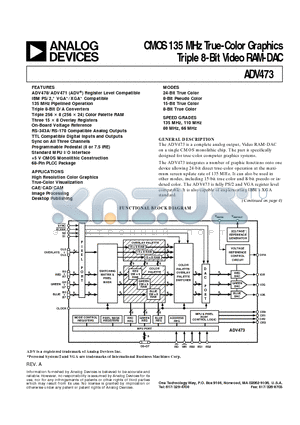 ADV473KP135 datasheet - CMOS 135 MHz True-Color Graphics Triple 8-Bit Video RAM-DAC